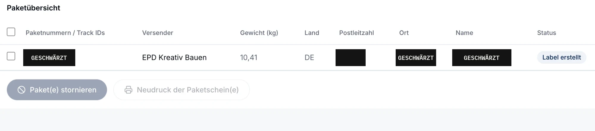 Versand-Dashboard von epd-kreativ-bauen: Paketübersicht mit Versender, Gewicht, Land und Status „Label erstellt“, Empfängerdaten geschwärzt
